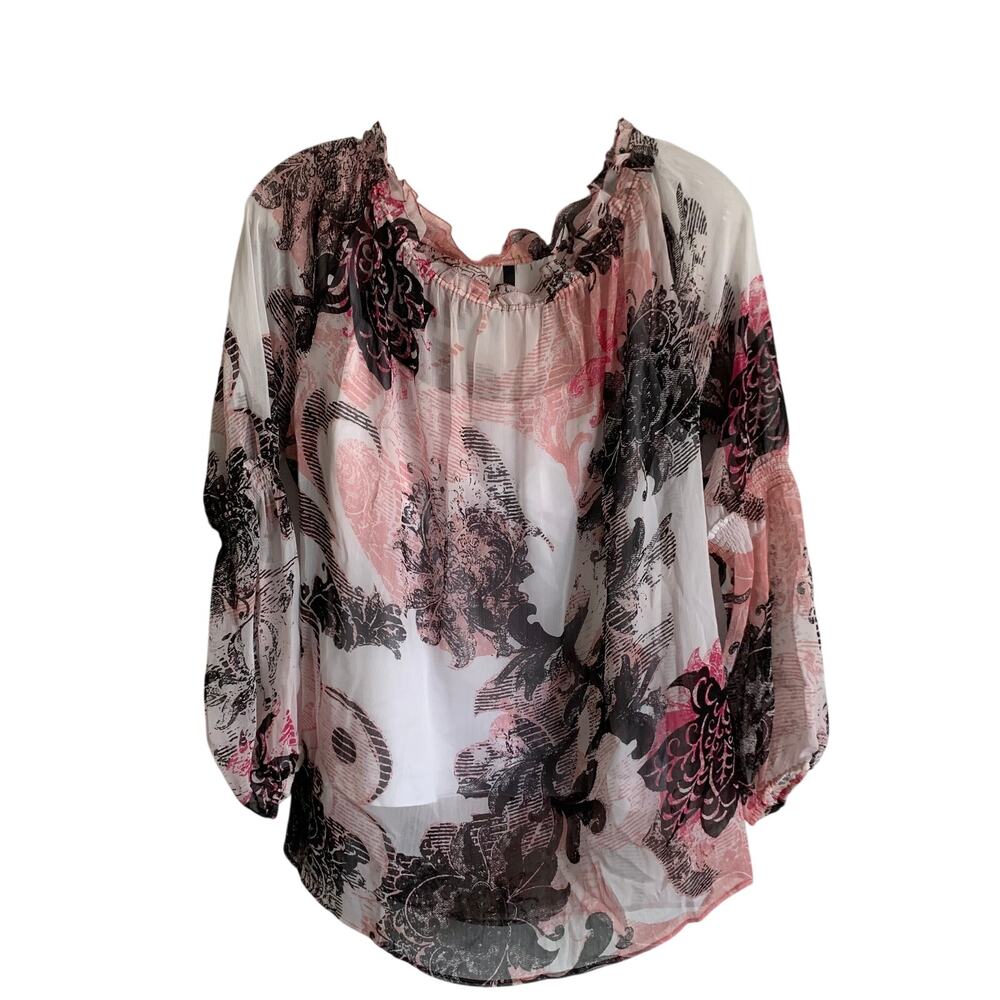 Tahari Womens Sz Small S Sheer Floral Peasant Blouse Boho Balloon Sleeve Pink